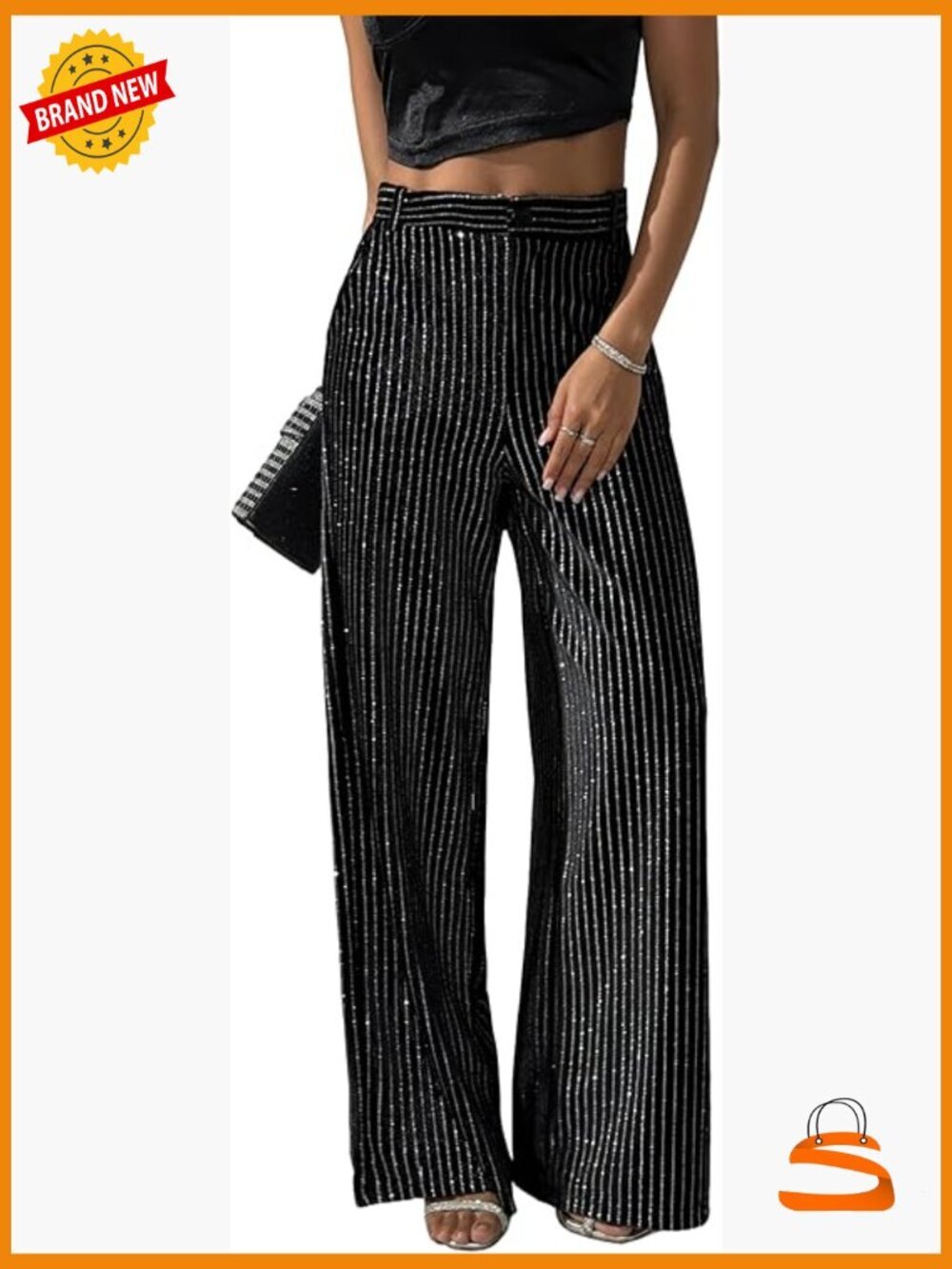 High Waist Wide Leg Palazzo Pants with Pockets Sequin Glitter